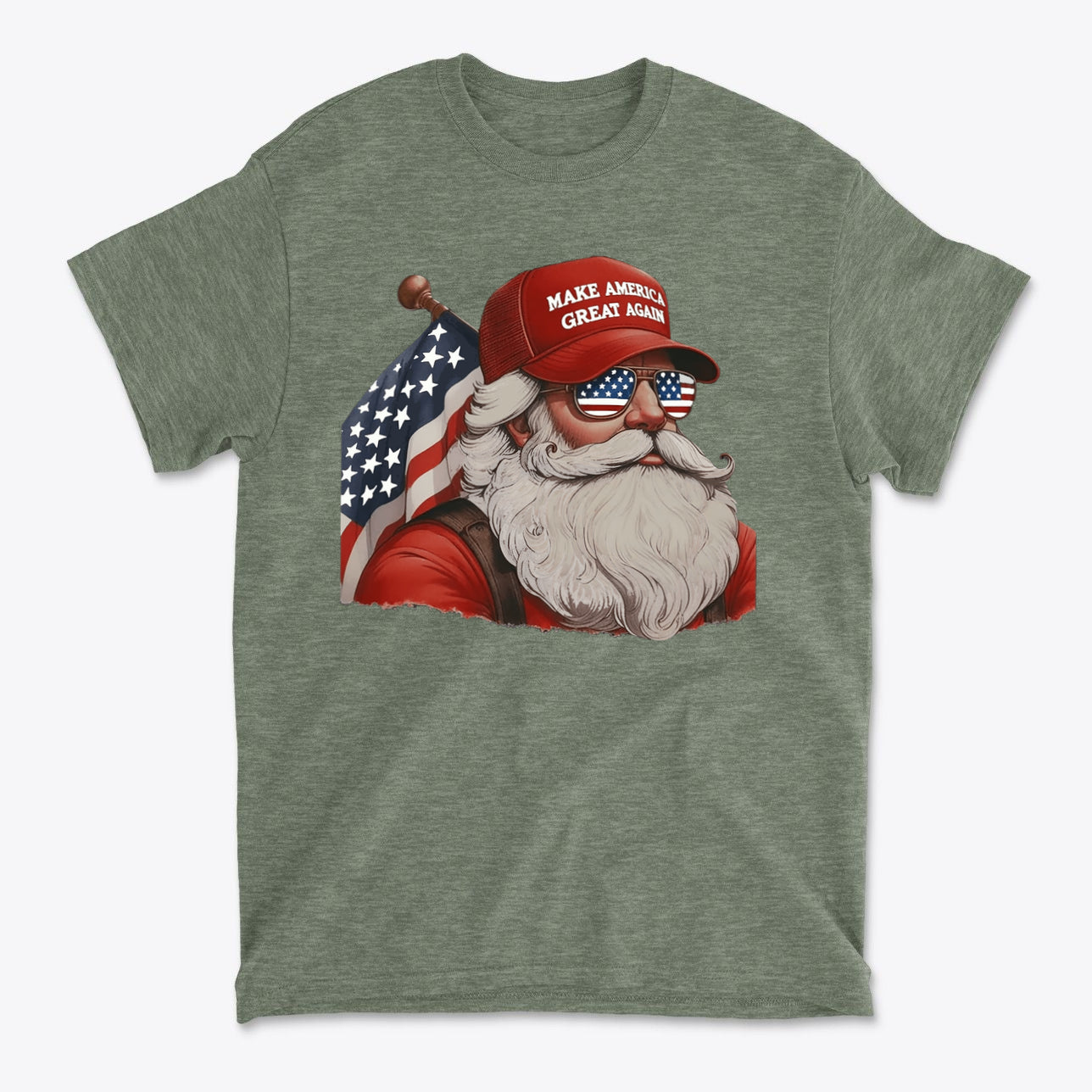 MAGA Santa With Flag Apparel Art featuring a Santa in sunglasses and a 'Make America Great Again' cap.
