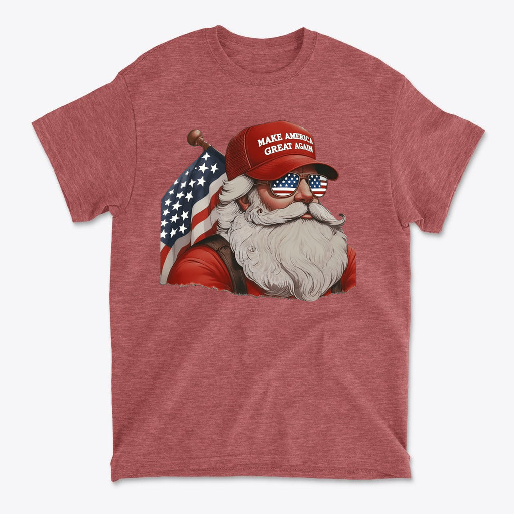 MAGA Santa With Flag Apparel Art – Graphic T-Shirt featuring Santa in MAGA hat with American flag.