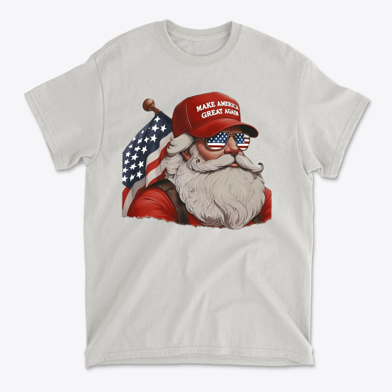 MAGA Santa With Flag Apparel Art – Premium conservative graphic T-shirt featuring Santa in a MAGA hat and sunglasses.