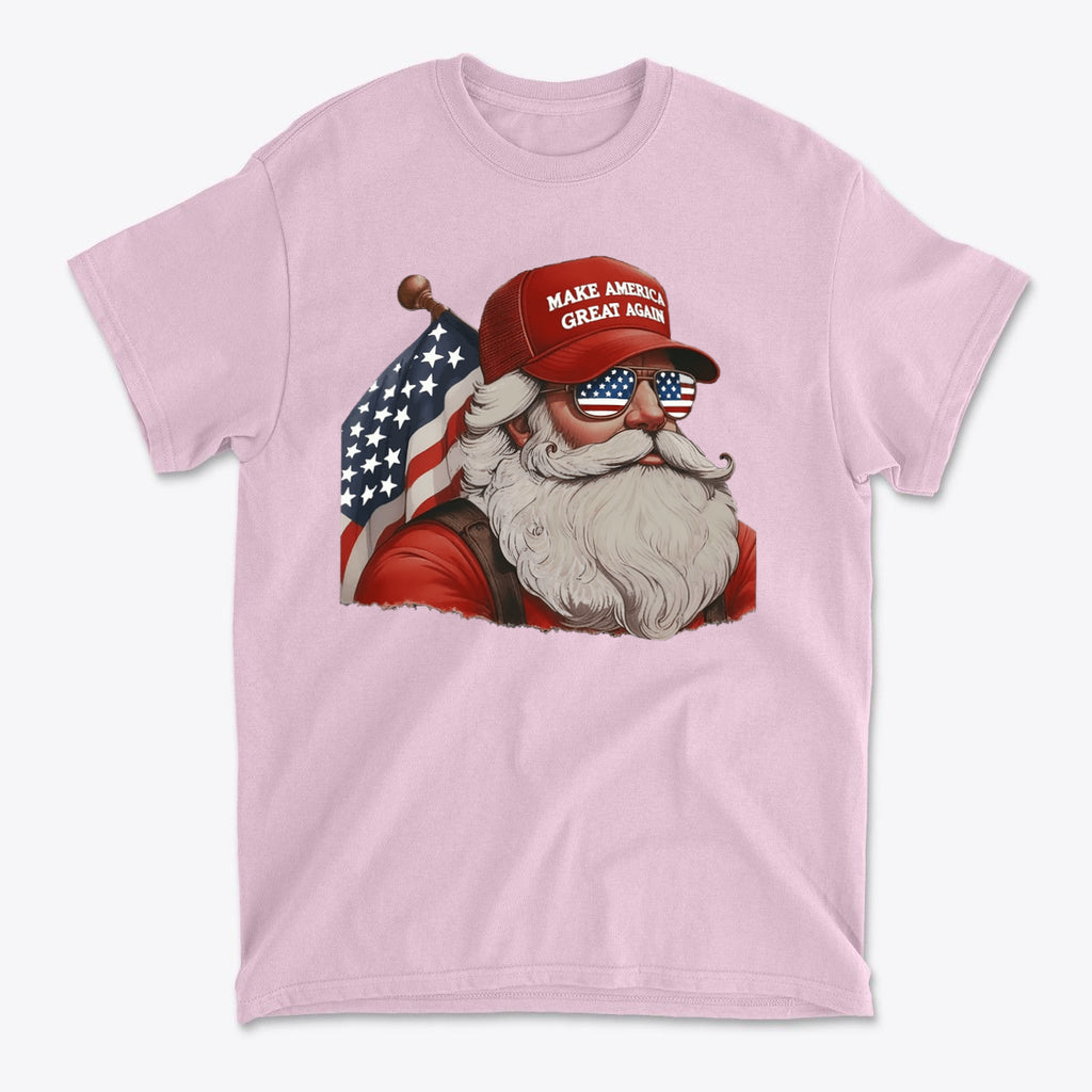 MAGA Santa With Flag Apparel Art on a pink graphic t-shirt featuring a Santa with sunglasses and a patriotic cap.