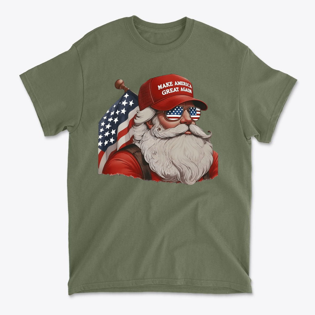 MAGA Santa With Flag Apparel Art – Premium conservative graphic T-shirt featuring Santa with USA flag and sunglasses.
