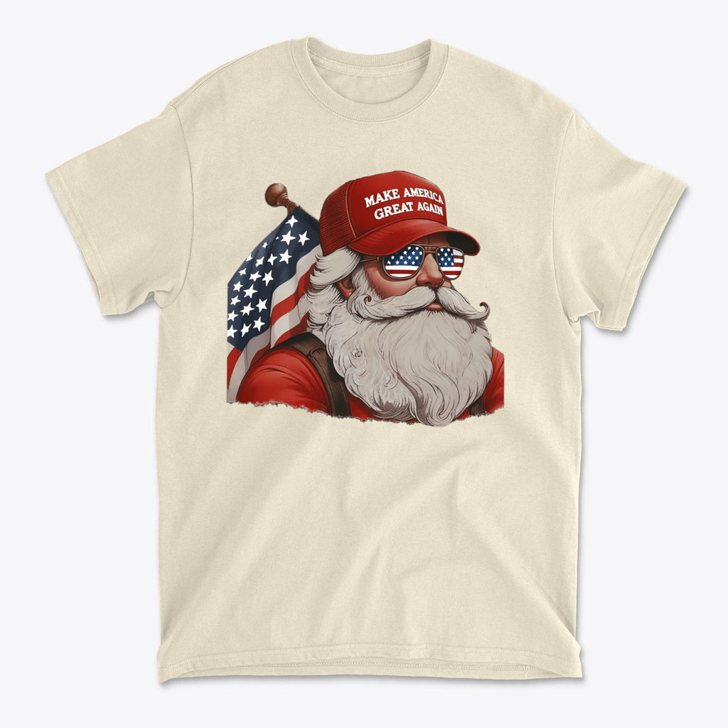 MAGA Santa With Flag Apparel Art - Graphic T-Shirt featuring Santa in a MAGA hat and American flag.