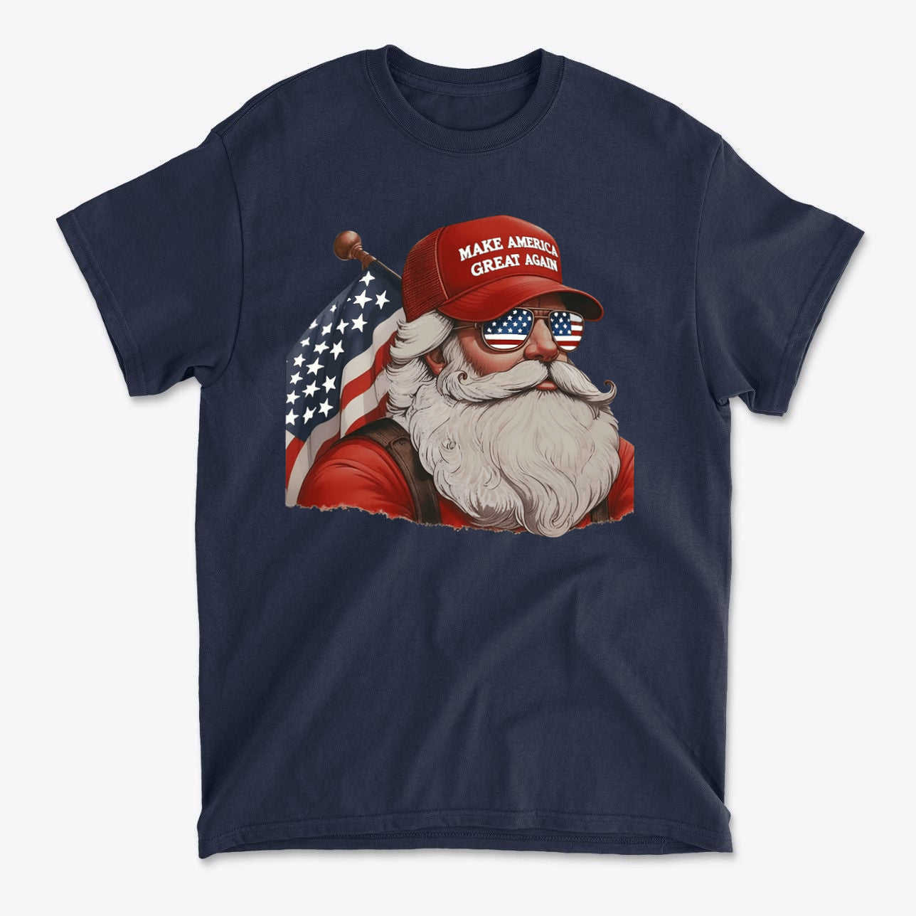 MAGA Santa With Flag Apparel Art – Premium Conservative Graphic T-Shirt featuring Santa in a MAGA hat with sunglasses and American flag.