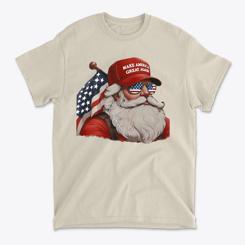 MAGA Santa With Flag Apparel Art - Premium Conservative Graphic T-Shirt featuring Santa in MAGA hat with American flag.