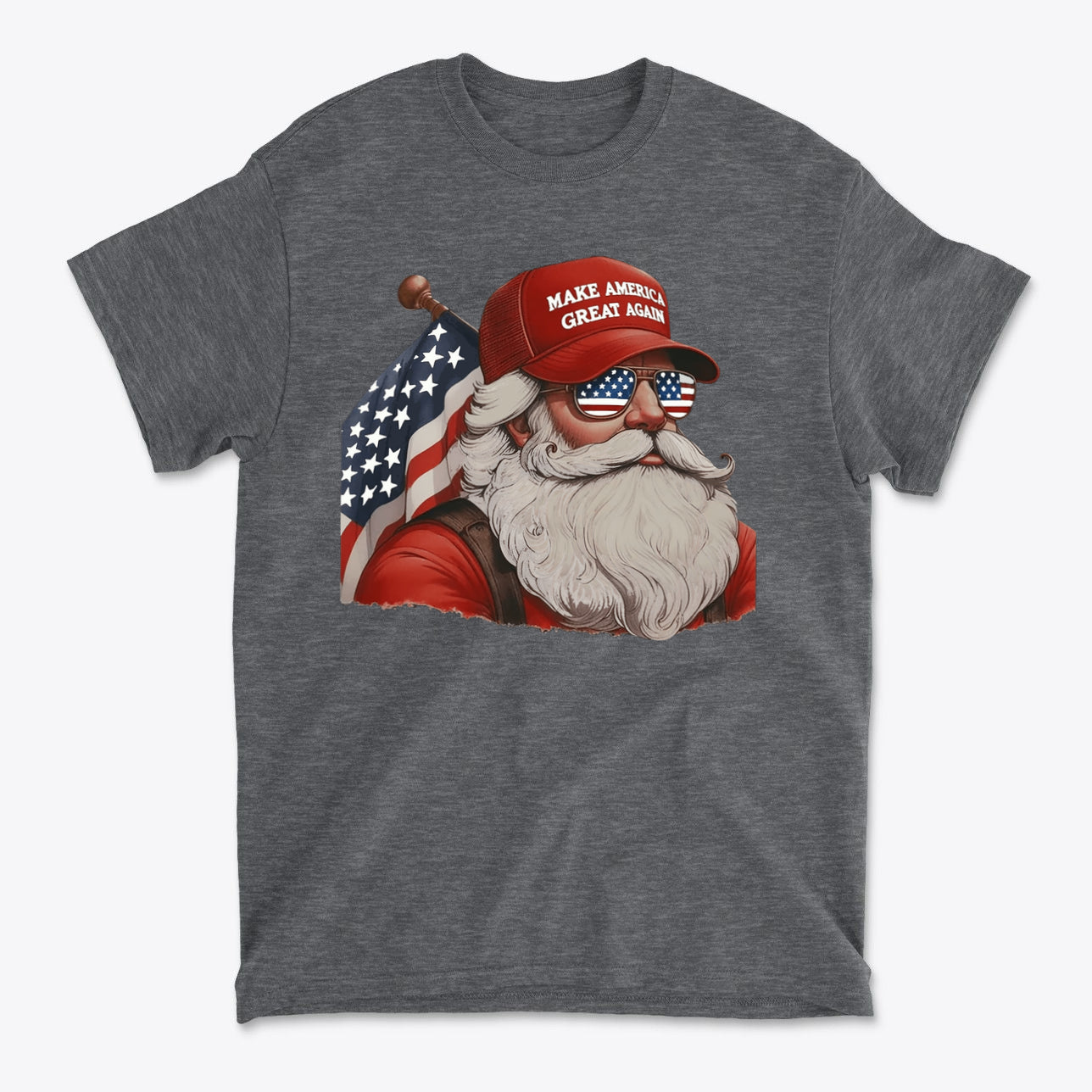 MAGA Santa With Flag Apparel Art – Graphic T-Shirt featuring Santa in a MAGA hat with a flag backdrop.
