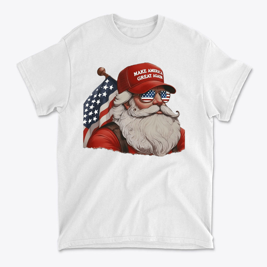 MAGA Santa With Flag Apparel Art - premium graphic T-shirt featuring Santa in a MAGA hat with American flag.