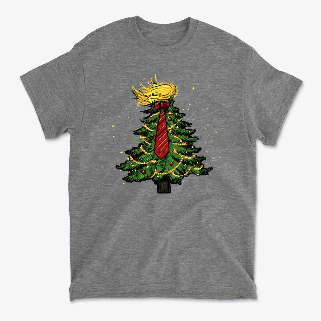 Trump Christmas Tree Decor Item featuring a Christmas tree with a tie and hairstyle inspired by Trump on a gray t-shirt.