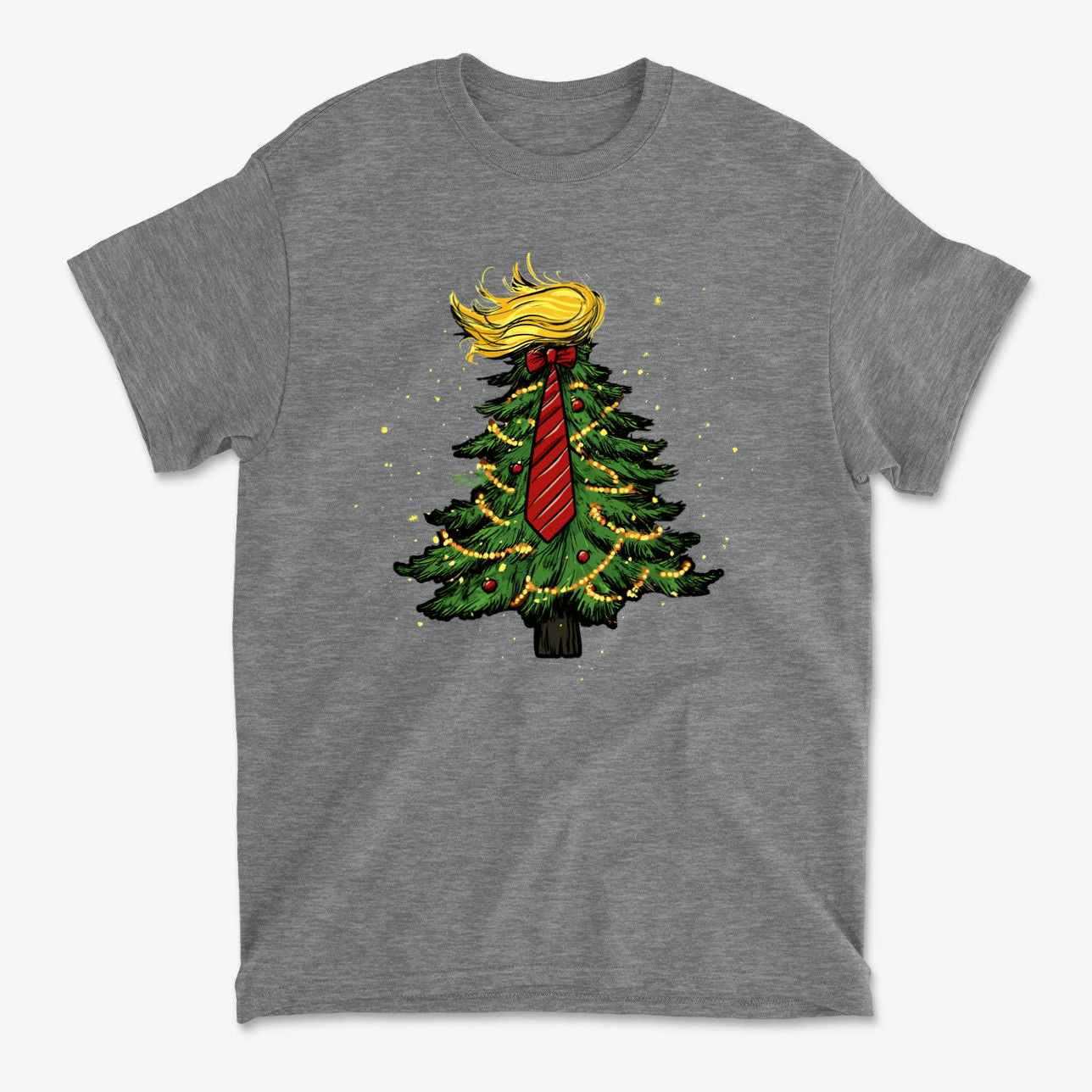 Trump Christmas Tree Decor Item featuring a Christmas tree with a tie and hairstyle inspired by Trump on a gray t-shirt.