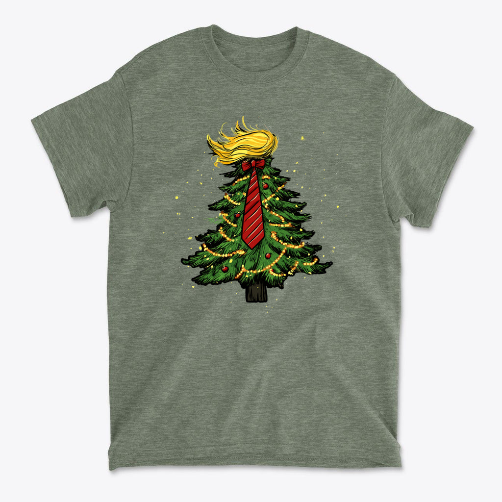 Trump Christmas Tree Decor Item – festive graphic t-shirt featuring Christmas tree with a tie and hair design.