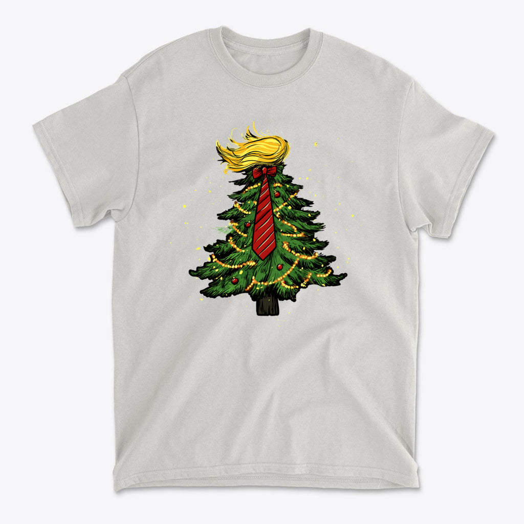 Trump Christmas Tree Decor Item featuring a Christmas tree graphic with a blonde hairstyle and red tie on a T-shirt.