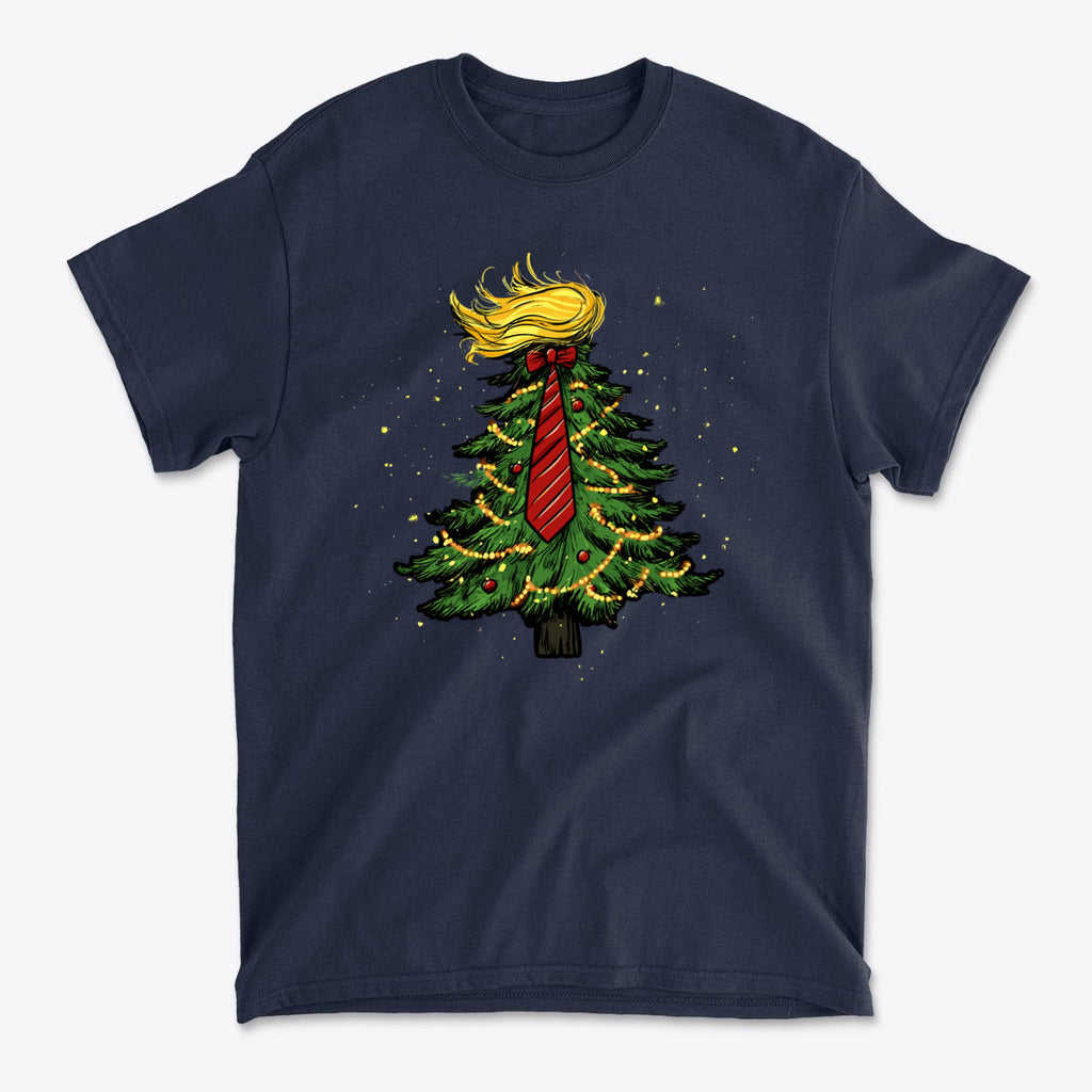 Trump Christmas Tree Decor Item featuring a graphic of a tree with a tie and blonde hair on a navy shirt.