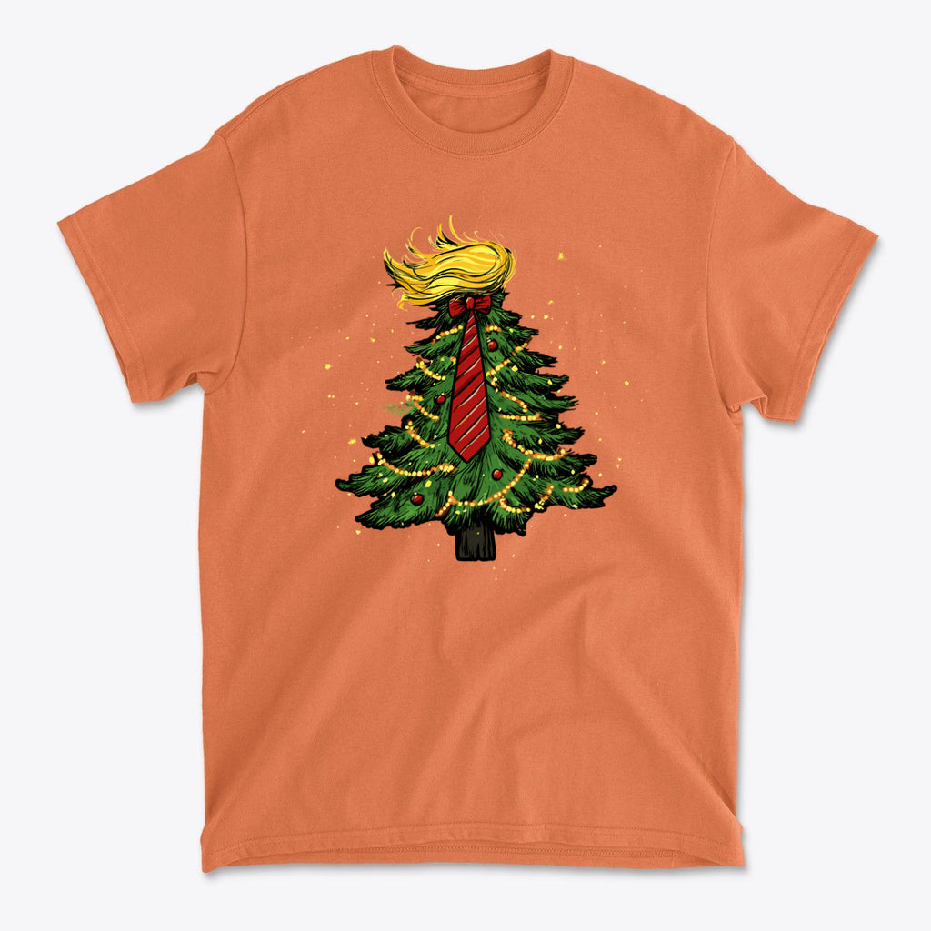 Trump Christmas Tree Decor Item featuring a cartoon Christmas tree with a blonde hairstyle and tie on an orange t-shirt.