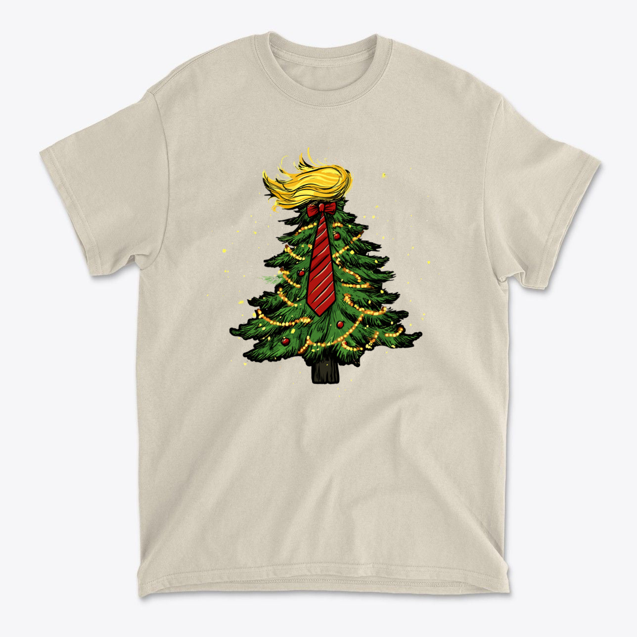 Trump Christmas Tree Decor Item featuring a cartoon tree with a blonde hairstyle and a red tie.