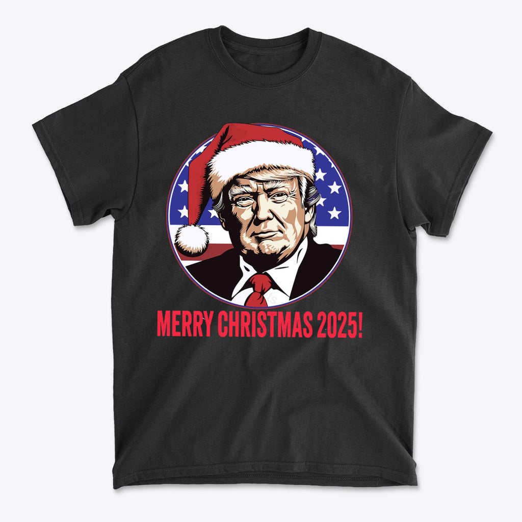 Merry Christmas 2025 Trump As Santa graphic t-shirt featuring Donald Trump wearing a Santa hat.
