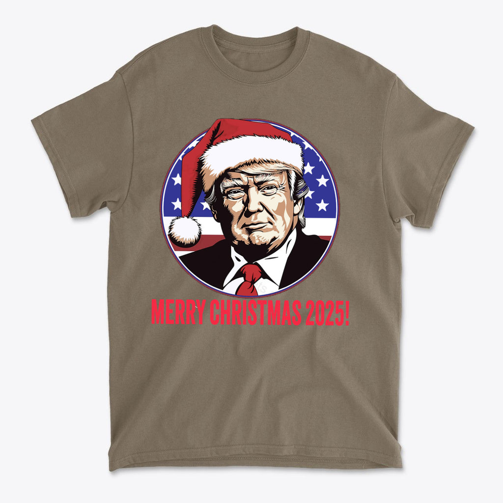 Merry Christmas 2025 Trump As Santa graphic t-shirt featuring Donald Trump in a holiday hat.