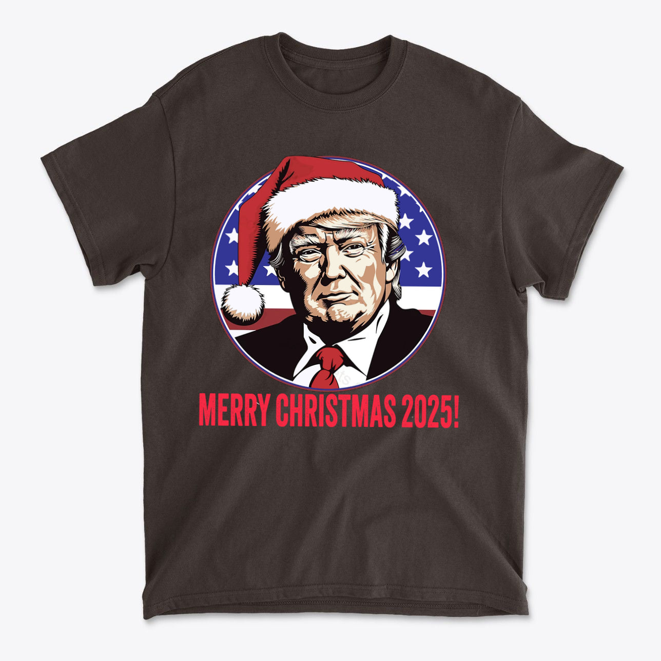 Merry Christmas 2025 Trump As Santa graphic t-shirt with patriotic colors and design.