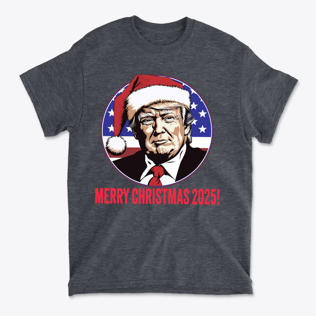 Merry Christmas 2025 Trump As Santa on a graphic t-shirt with patriotic design.