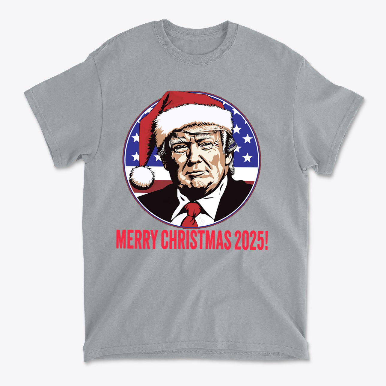 Merry Christmas 2025 Trump As Santa graphic t-shirt featuring Donald Trump in a Santa hat with patriotic colors.