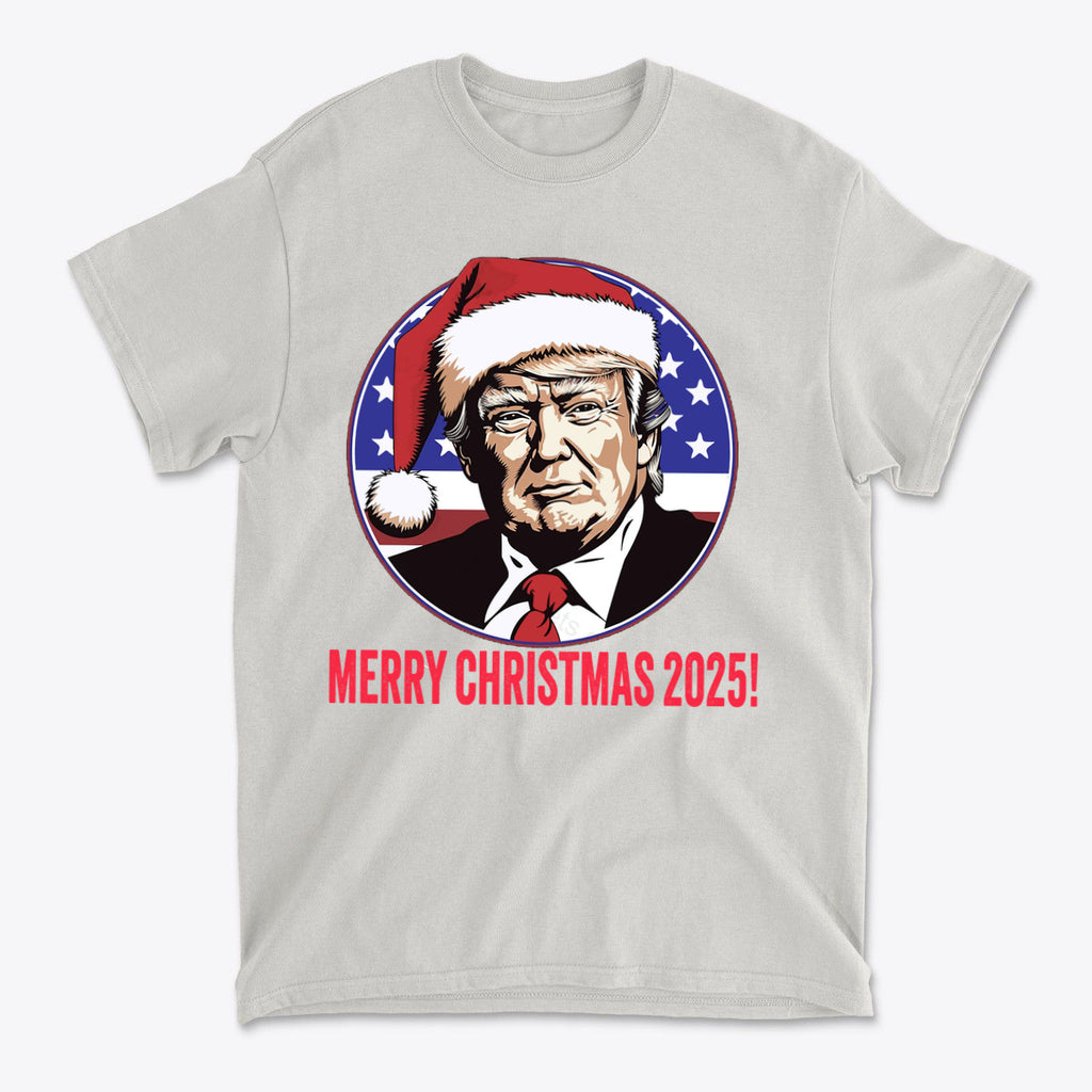 Merry Christmas 2025 Trump As Santa graphic T-shirt design featuring Trump in a Santa hat.