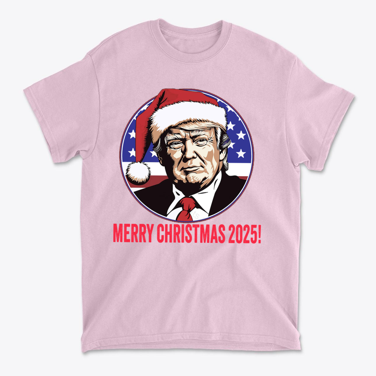 Merry Christmas 2025 Trump As Santa graphic t-shirt with festive design and patriotic colors.