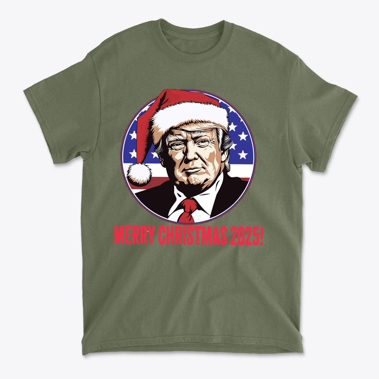 Merry Christmas 2025 Trump As Santa graphic t-shirt featuring Trump in a Santa hat with patriotic colors.