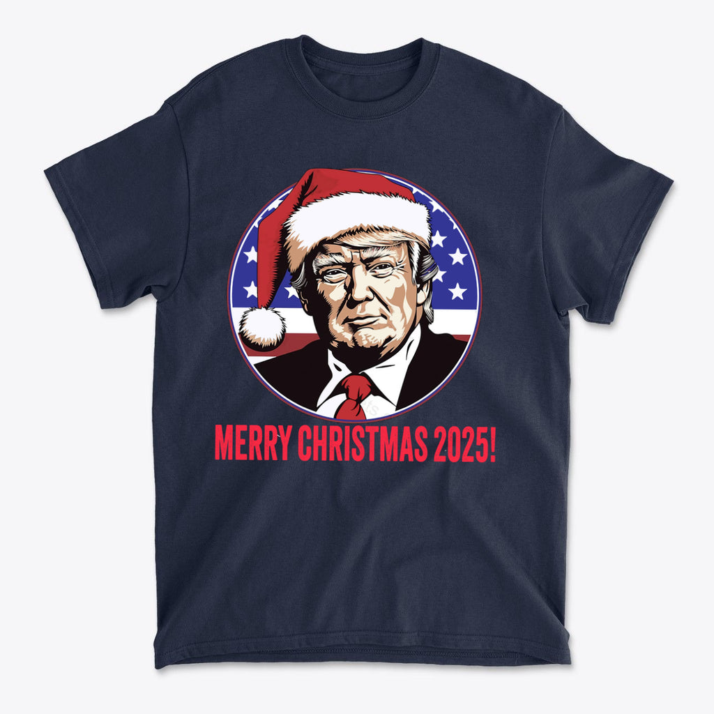 Merry Christmas 2025 Trump As Santa graphic t-shirt featuring Trump with a Santa hat.