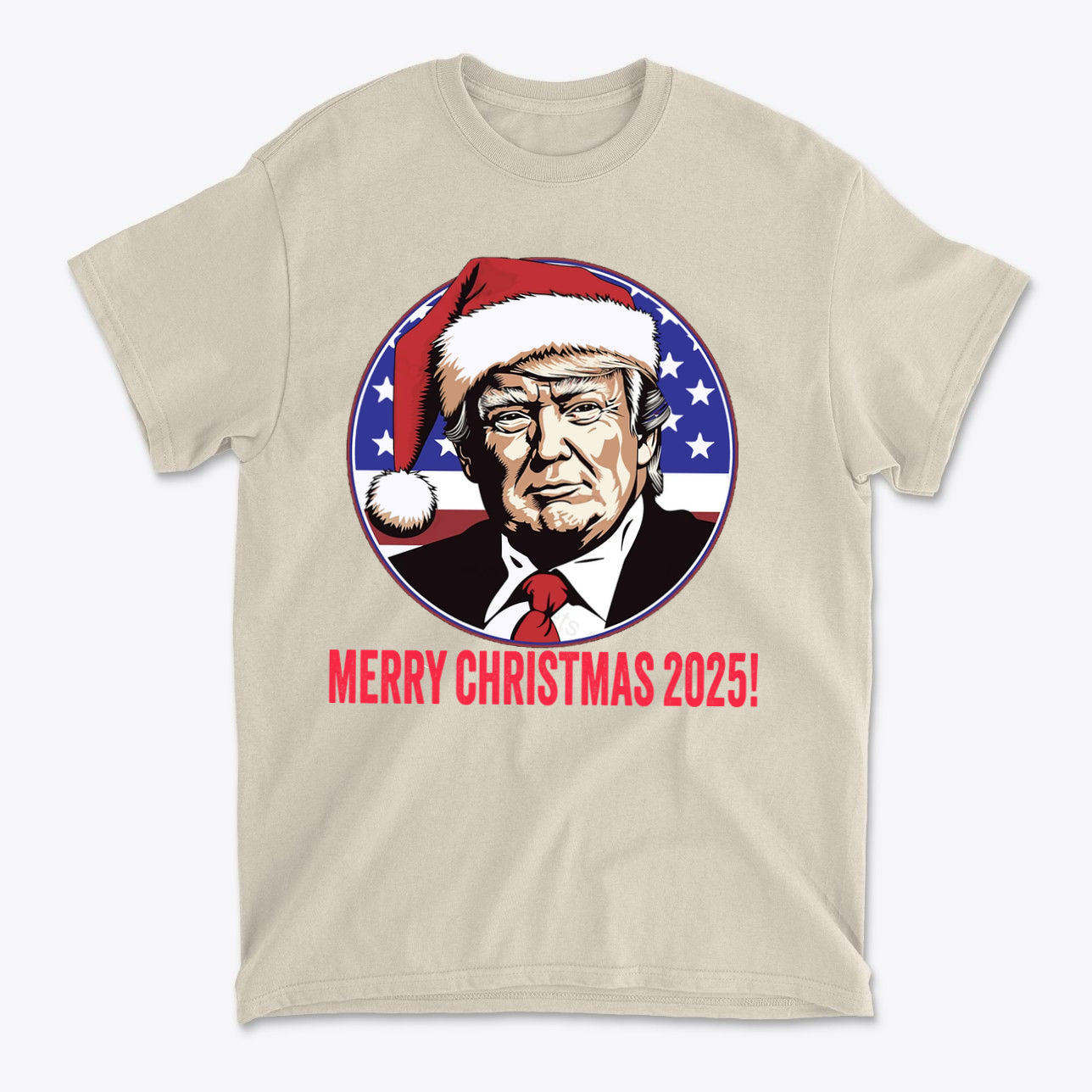 Merry Christmas 2025 Trump As Santa graphic t-shirt featuring Trump in a Santa hat.