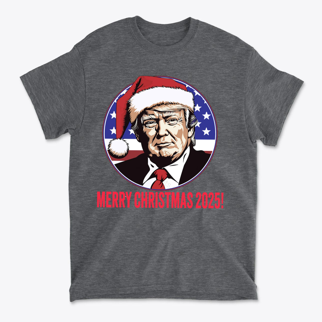 Merry Christmas 2025 Trump As Santa graphic t-shirt featuring Trump in a Santa hat and patriotic colors.