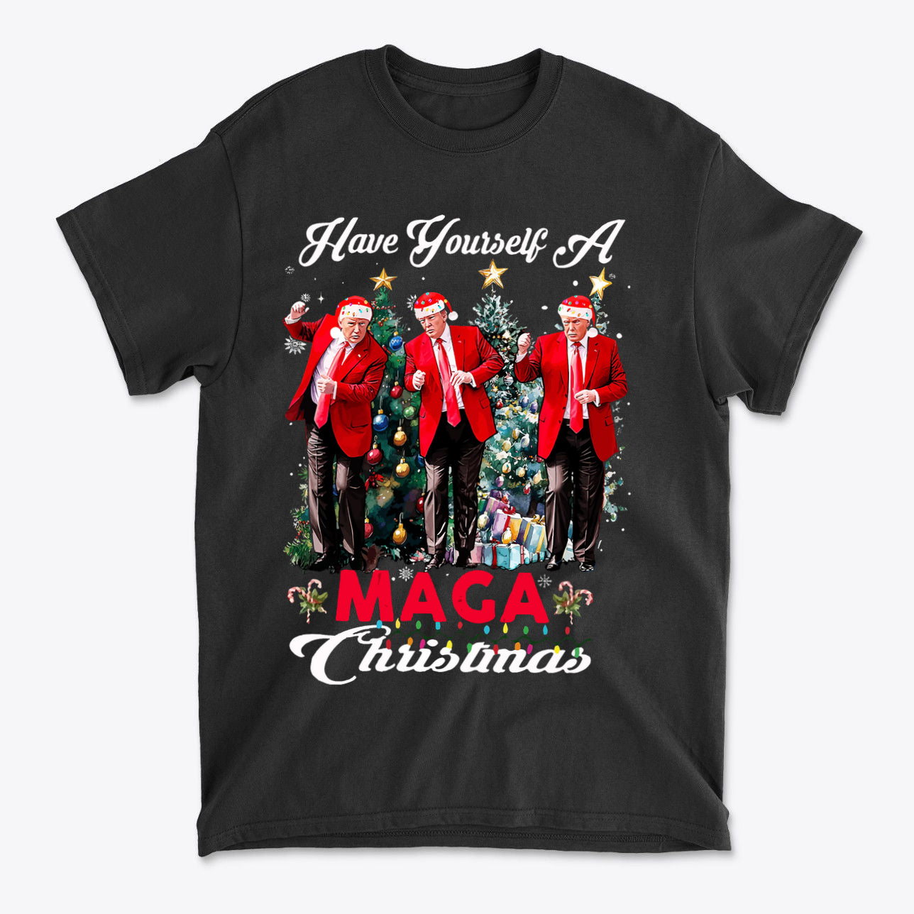 Have Yourself A MAGA Christmas premium graphic t-shirt featuring festive design and patriotic themes.
