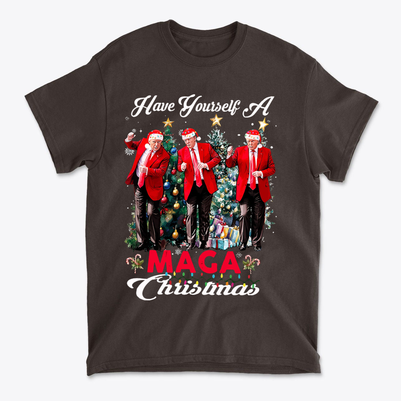 Have Yourself A MAGA Christmas graphic t-shirt featuring festive designs and patriotic themes.