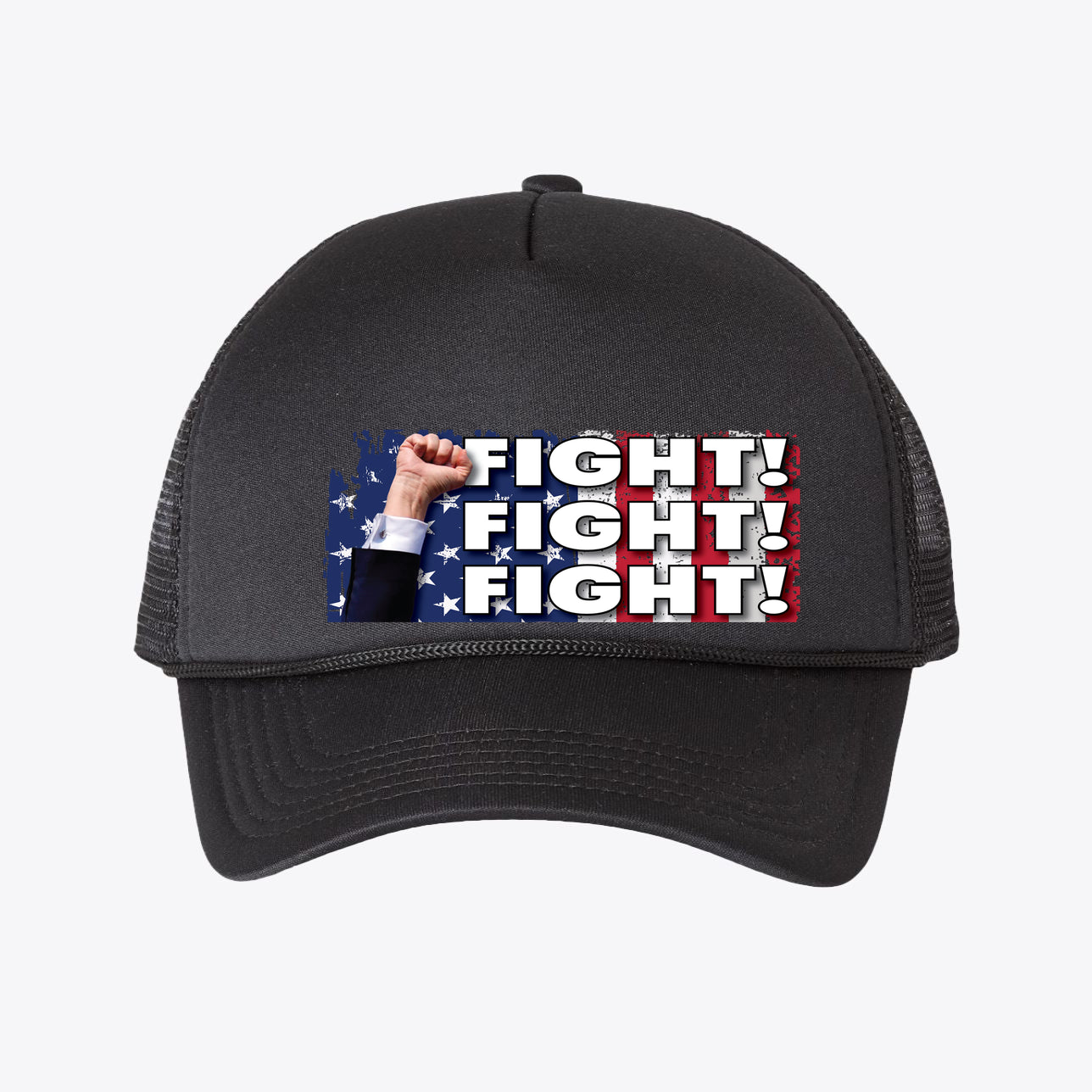 Fight Fight Fight Mesh Back Cap featuring a patriotic design and bold text, ideal for conservative supporters.