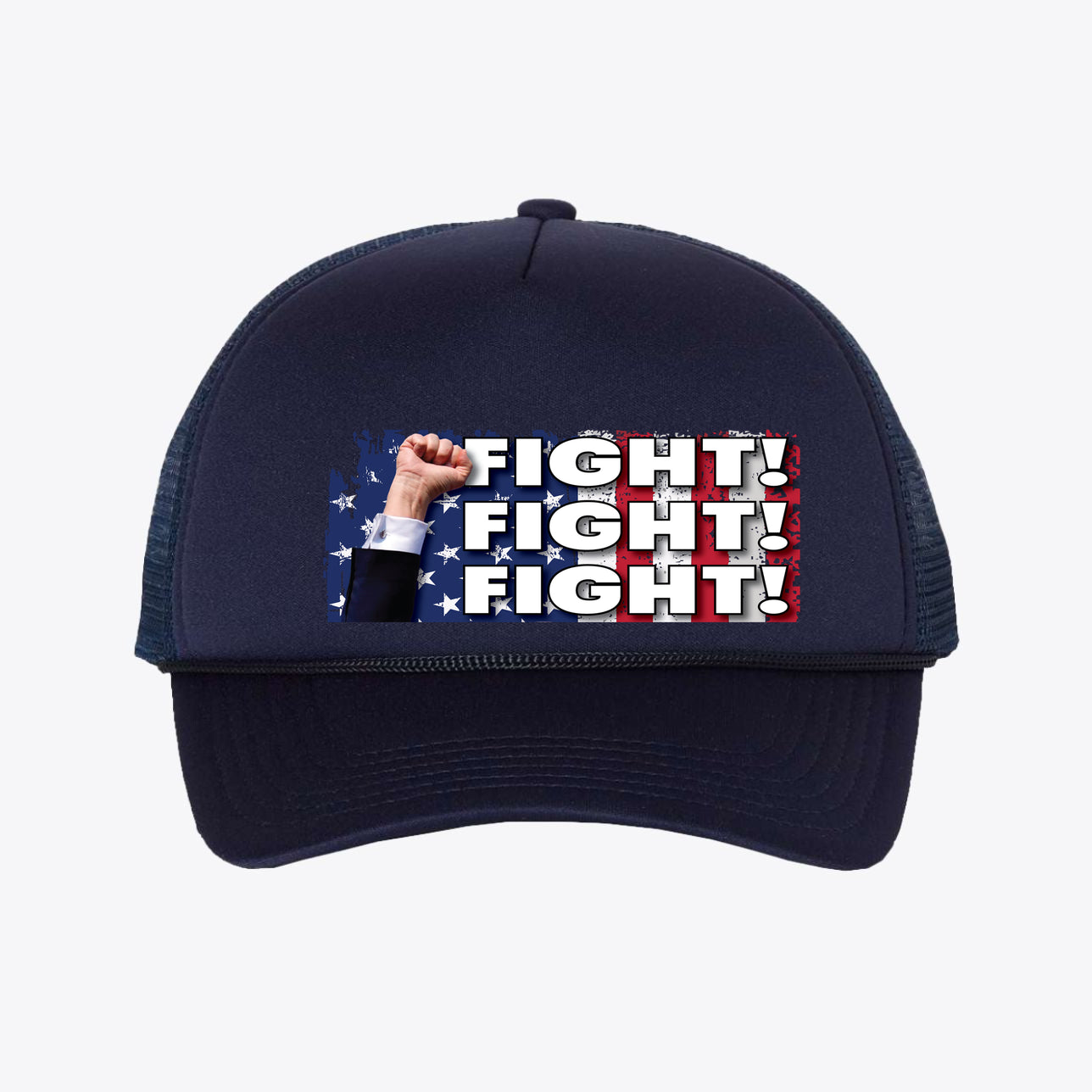 Fight Fight Fight Mesh Back Cap featuring a patriotic design with a raised fist and bold text.