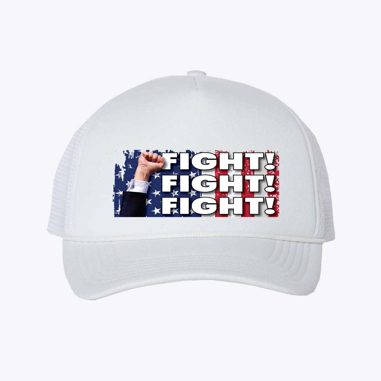 Fight Fight Fight Mesh Back Cap featuring a patriotic design with bold text and a raised fist.