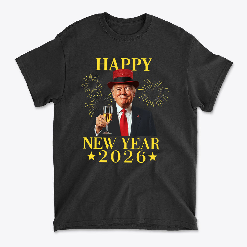 Happy New Year 2026 Apparel Art - Black graphic t-shirt featuring celebratory design for 2026.