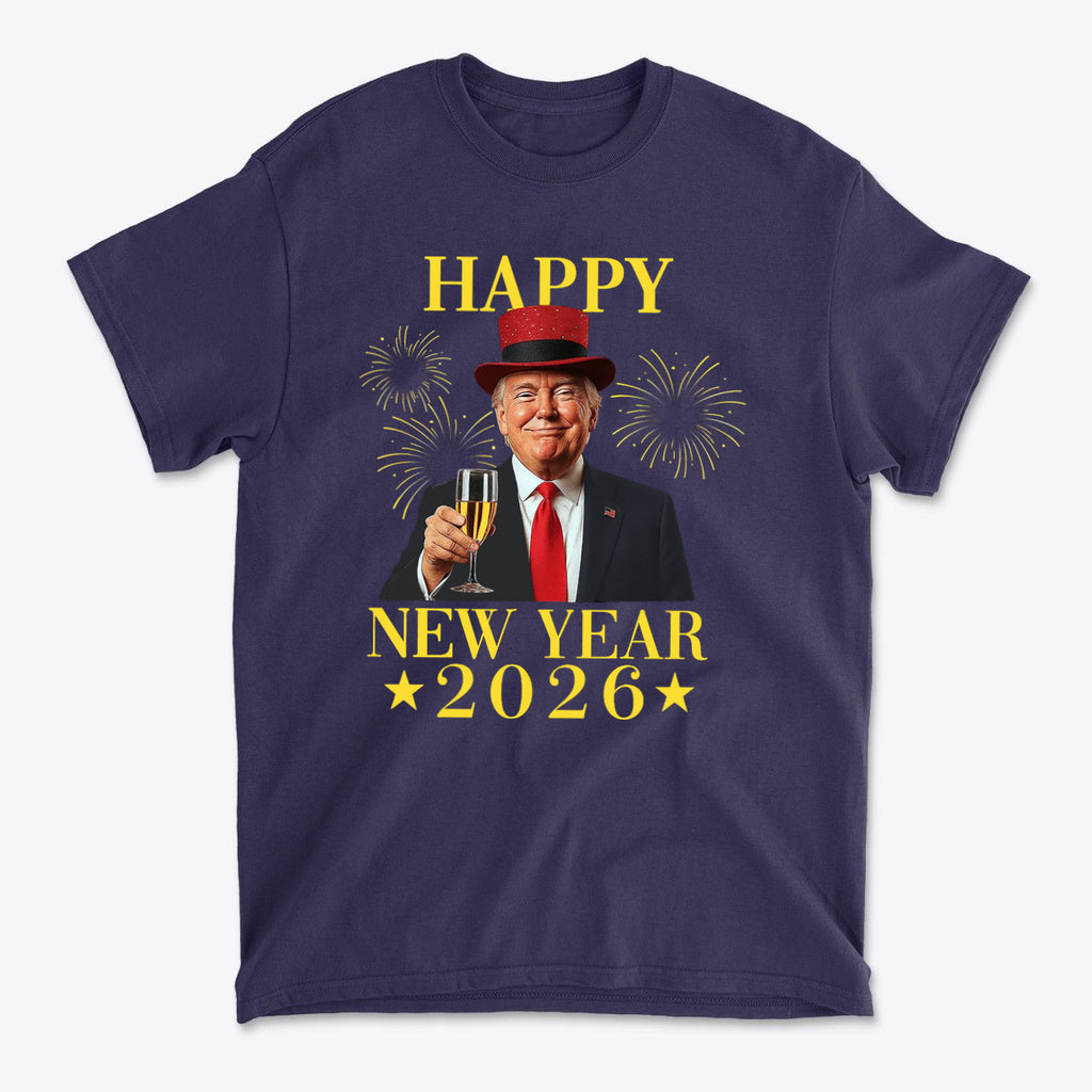 Happy New Year 2026 Apparel Art featuring a graphic T-shirt design with fireworks and celebratory elements.