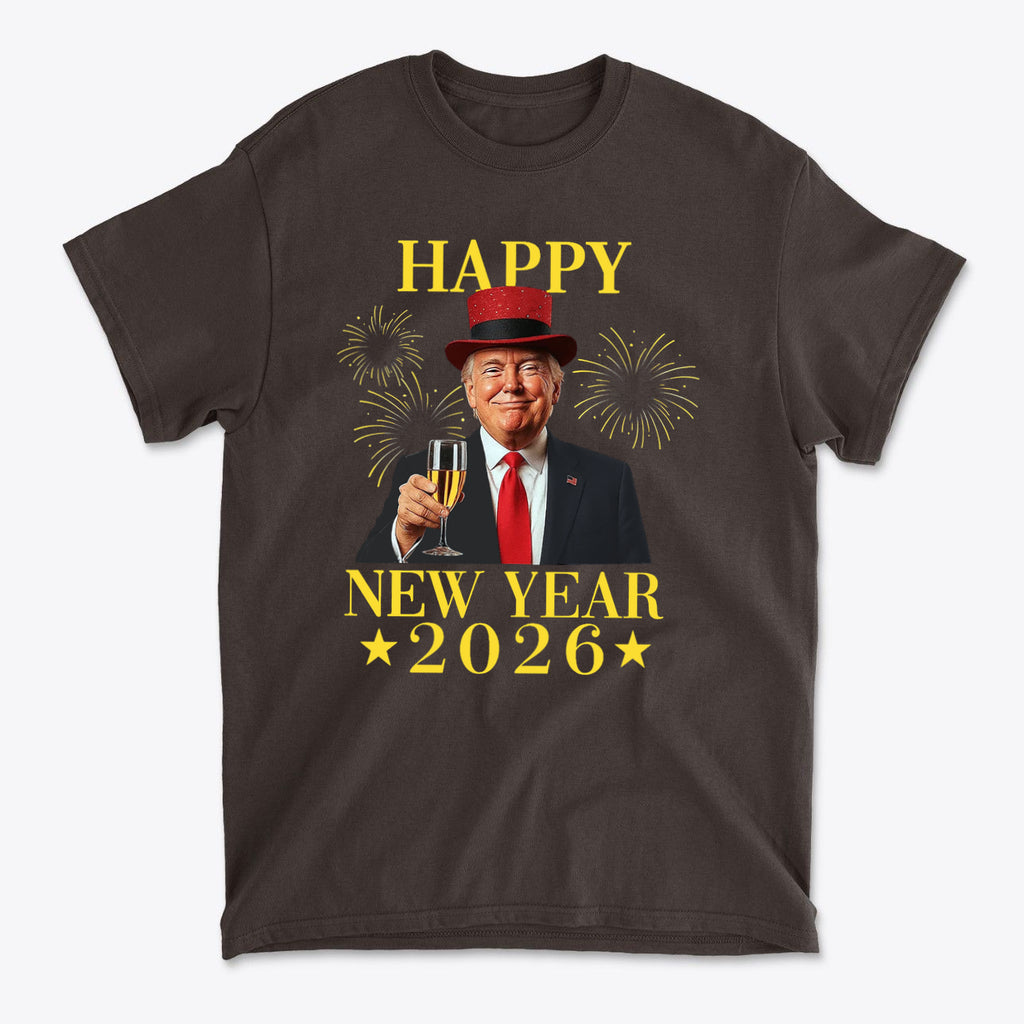 Happy New Year 2026 Apparel Art featuring a smiling man in a hat holding a glass on a graphic t-shirt.
