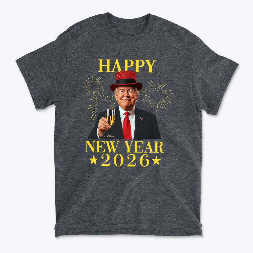 Happy New Year 2026 Apparel Art featuring a celebratory graphic tee design with fireworks.