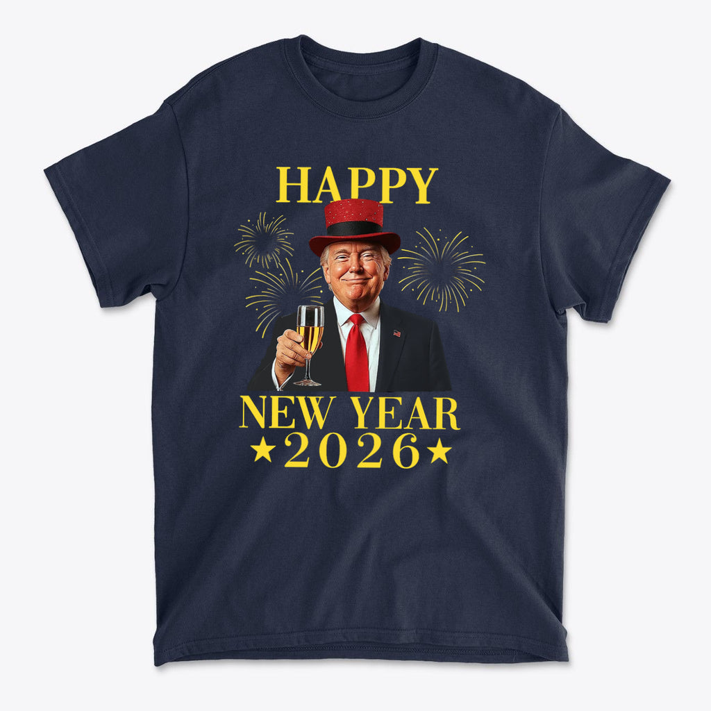 Happy New Year 2026 Apparel Art featuring a graphic t-shirt with a celebratory design.