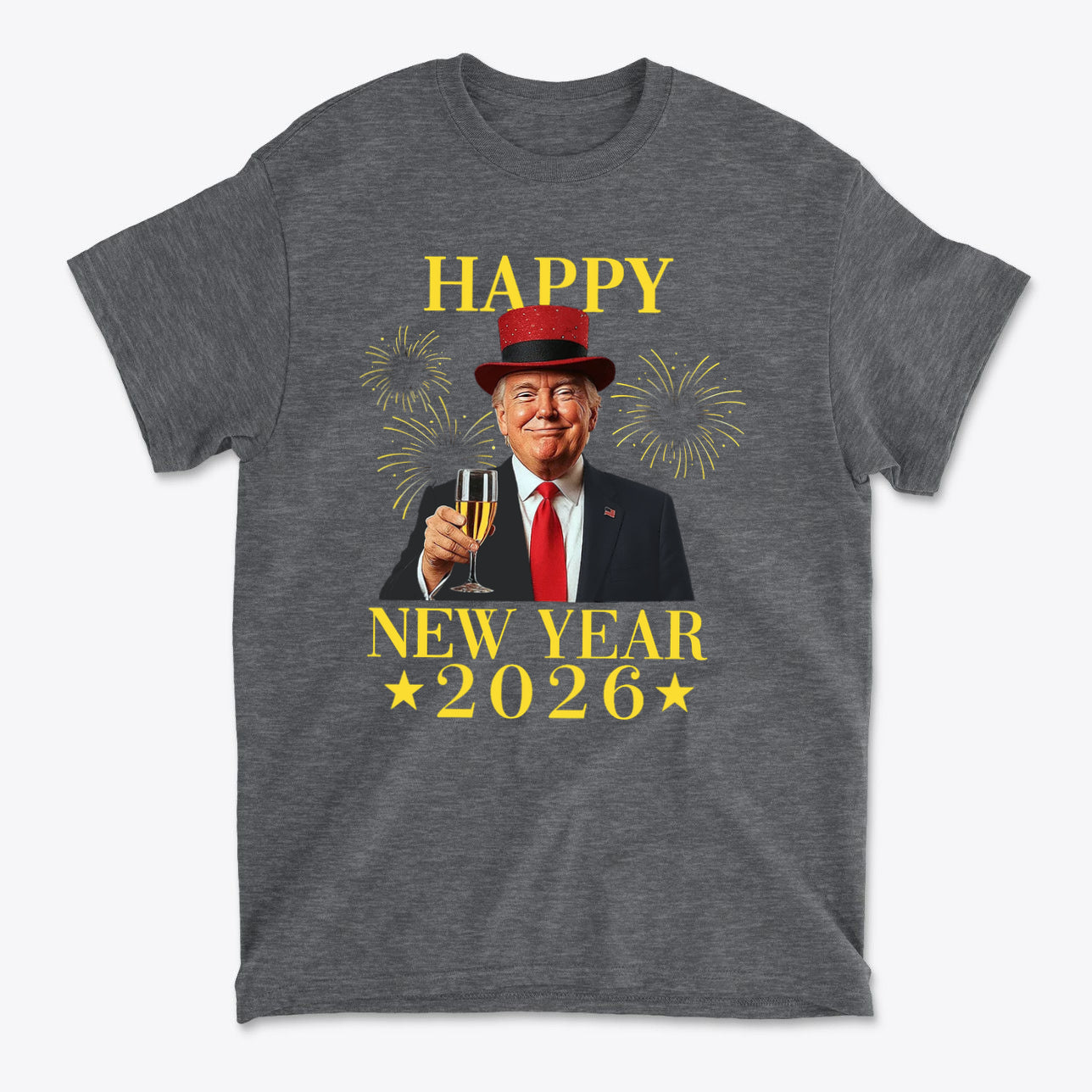 Happy New Year 2026 Apparel Art featuring a man in a top hat celebrating with a glass of champagne.