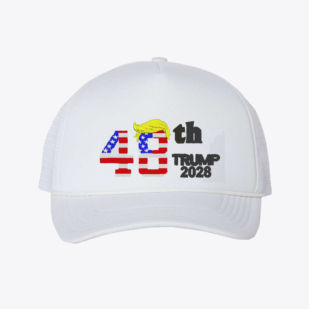 Trump 2028 Trucker Cap Blk Ltrs featuring American flag design and bold text