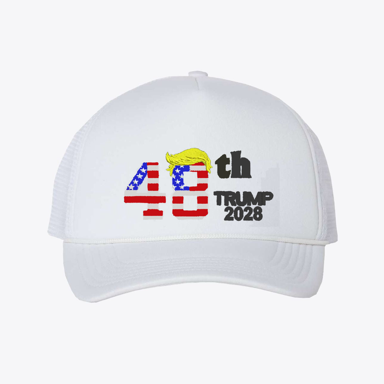 Trump 2028 Trucker Cap Blk Ltrs featuring American flag design and bold text