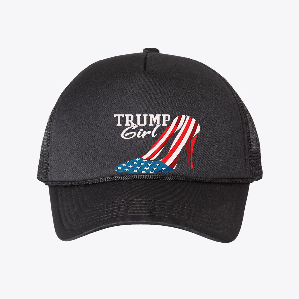 Foam Trump Girl Trucker Cap Gear featuring a stylish design with an American flag heel.