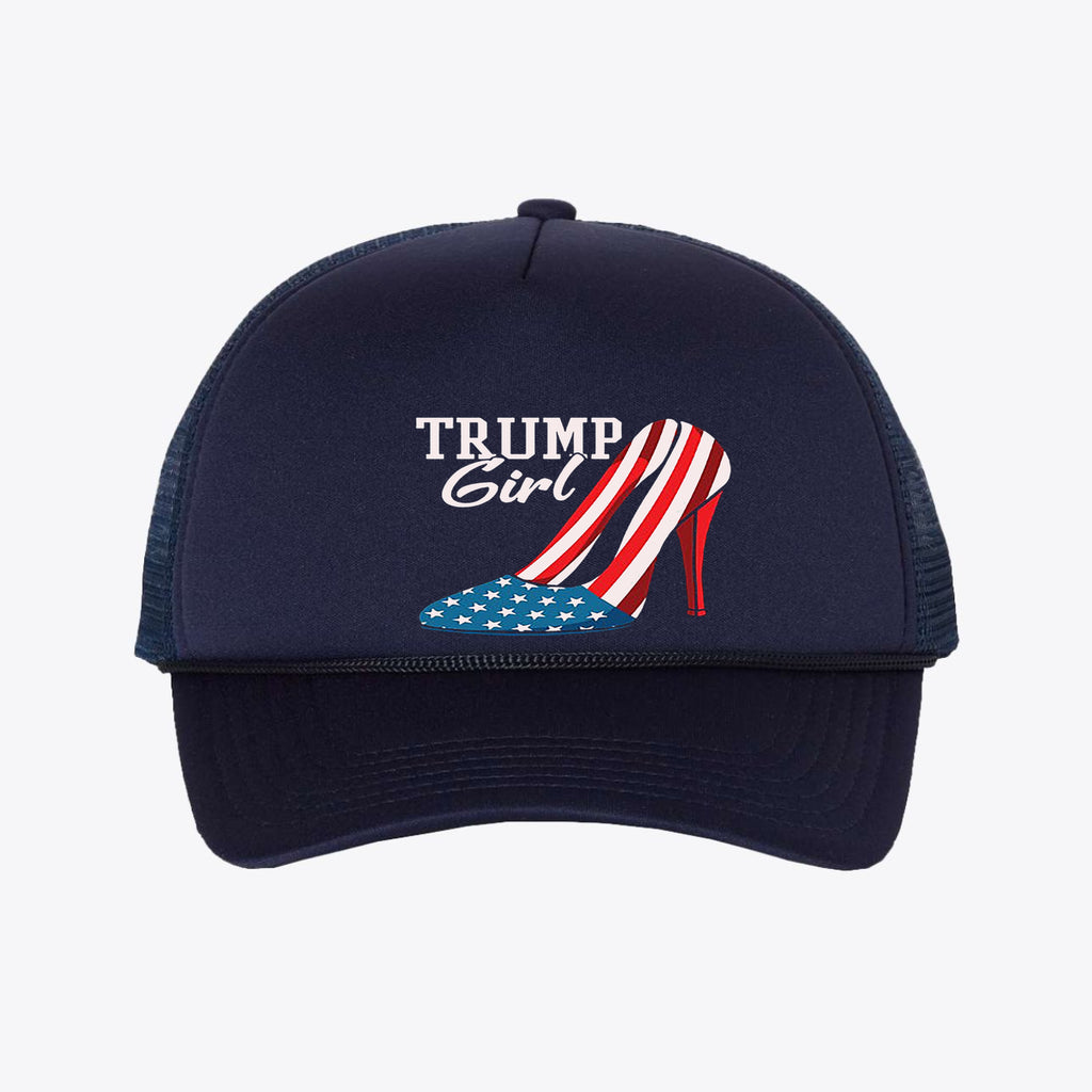Foam Trump Girl Trucker Cap Gear featuring a patriotic design with a high heel shoe and American flag.