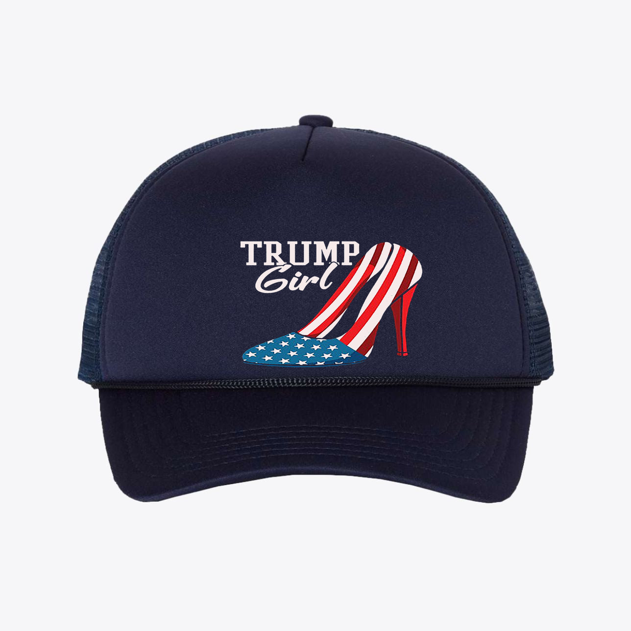 Foam Trump Girl Trucker Cap Gear featuring a patriotic design with a high heel shoe and American flag.