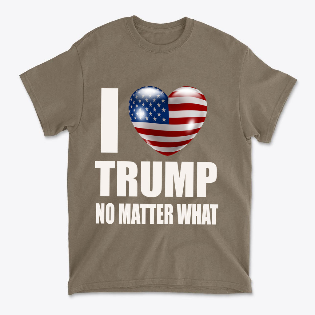 I Heart Trump No Matter What Tee featuring a heart with American flag design on a beige shirt.