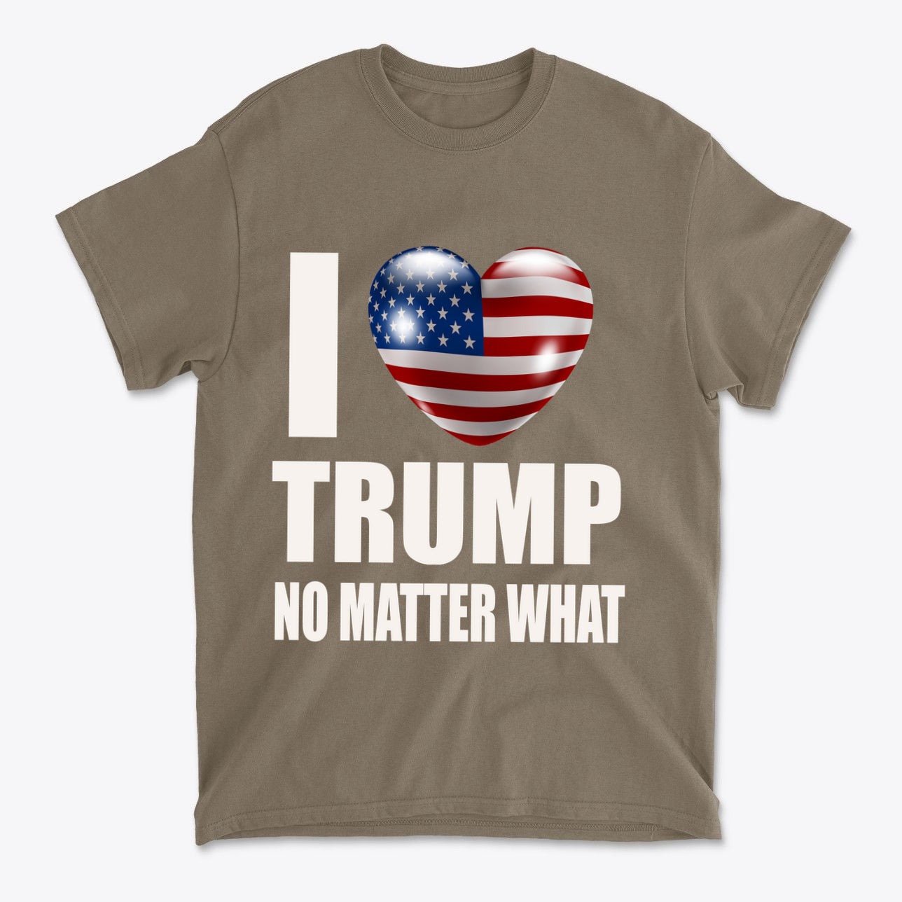 I Heart Trump No Matter What Tee featuring a heart with American flag design on a beige shirt.