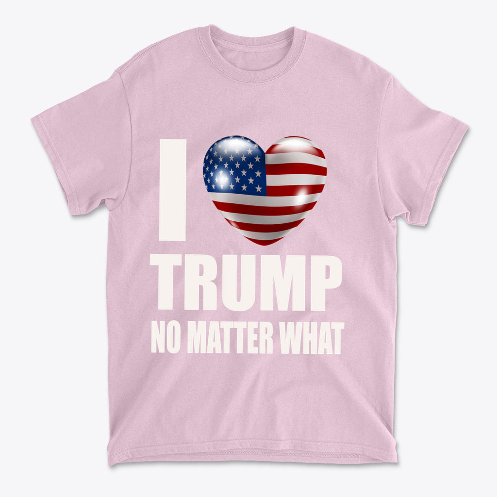 I Heart Trump No Matter What Tee featuring a heart design with American flag elements on a pink shirt.