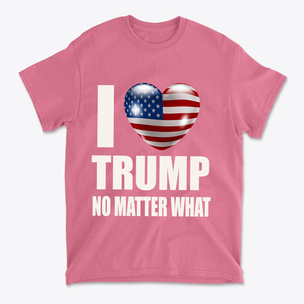 I Heart Trump No Matter What Tee featuring patriotic heart design on a pink shirt.