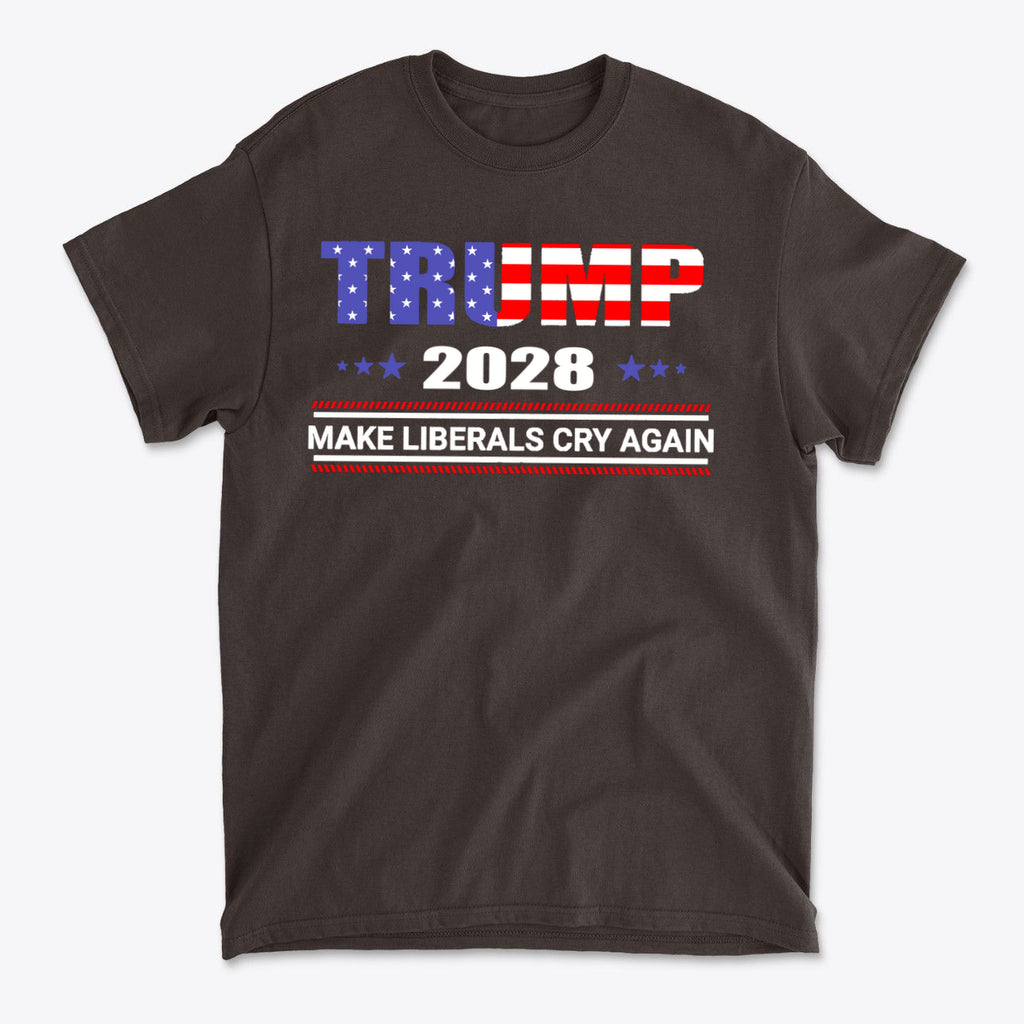Trump 2028 Make Liberals Cry Again graphic t-shirt featuring patriotic colors and bold typography.