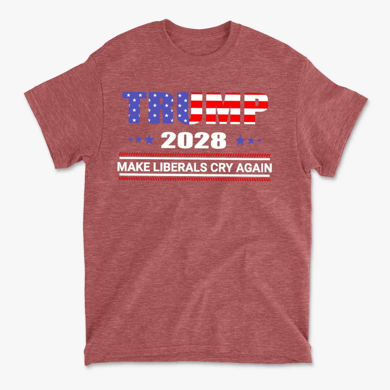 Trump 2028 Make Liberals Cry Again graphic t-shirt in red with patriotic design for conservative supporters.